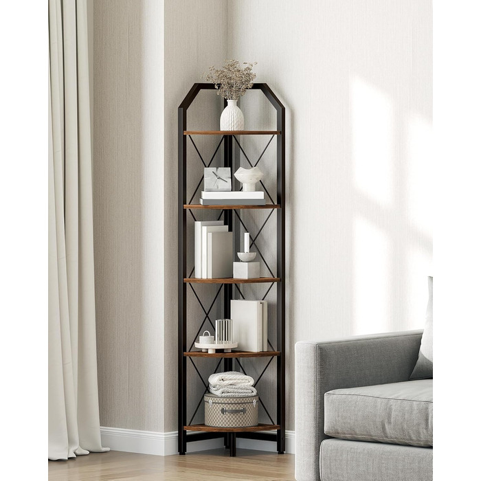 Кутова полиця з 5 полицями, промислова книжкова шафа, окремостояча підставка для дисплея, кутова полиця для ванної кімнати, підставка для рослин, для спальні, кухні, рустикальний коричнево-чорний DTCJ10BF
