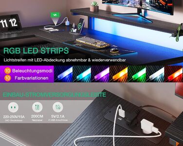 Письмовий стіл ODK з шухлядами, 135110 см, двосторонній кутовий стіл з 2 розетками та 2 портами USB для зарядки, L-подібний офісний стіл зі світлодіодним освітленням для домашнього офісу, чорний 135110 см