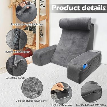 Подушка для читання для ліжка та дивана, подушка для спини для читання та перегляду телевізора зі знімним потиличним валиком та підлокітником, комфортна подушка для читання для дорослих, подушка для читання для ліжка, дивана або спинки підлоги