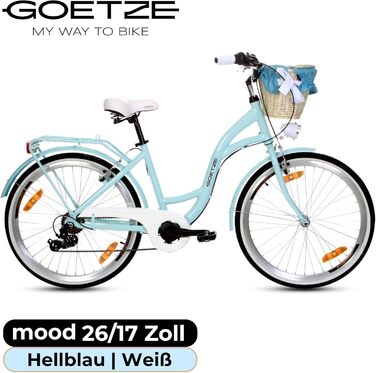 Дитячий велосипед Goetze Mood 26 дюймів, 17-дюймова алюмінієва рама з кріпленням, 6-швидкісний перемикач швидкостей, подвійні V-подібні гальма, світлодіодне освітлення, кошик з ротанга, комфортне сідло, з бічною підставкою та дзвінком, світло-блакитний