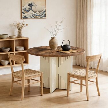 Круглий обідній стіл LITTLE TREE, сучасний кухонний стіл 100 см, обідній стіл з круглою дерев&39яною основою, велика робоча поверхня з МДФ для 4-6 осіб, коричневий та бежевий