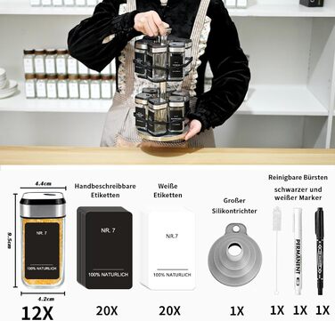 Обертова підставка для спецій з 2 ярусами та 12 баночками для спецій по 120 мл, розмір отвору у формі годинника на 360, карусель для спецій, що обертається на 360, підставка для спецій з нержавіючої сталі, органайзер для спецій для легкого доступу до спец