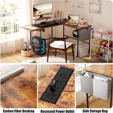 Ігровий стіл із розумним світлодіодним освітленням, L-подібний стіл із подовжувачем для домашнього офісу, кутовий стіл 120-150 см з розеткою, сумка для зберігання, підставка для монітора, вінтажний коричневий колір