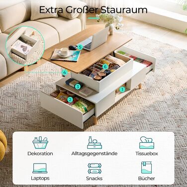 Журнальний столик з регульованою висотою та місцем для зберігання, стіл для вітальні з 2 великими шухлядами, диванний столик 60 x 100 см