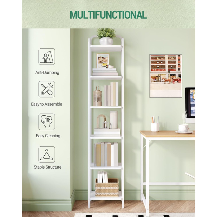 Полиця Hzuaneri, книжкова шафа, стояча полиця, вузька полиця з 6 полицями, вузька офісна полиця, кутова полиця для офісу, вітальні, спальні, кухні, 30 x 33 x 166 см, білий BC24613W 30 x 33 x 166 см білий