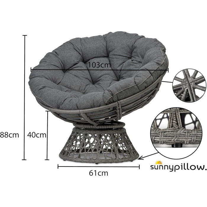 Сонячна подушка крісло Papasan Крісло з ротанга з подушкою круглий діаметр 120 см Зручне крісло для відпочинку поворотне для вітальні Балконне крісло Плетене крісло Ротанг Крісло для читання Зовнішній/Внутрішній Антрацит Антрацит