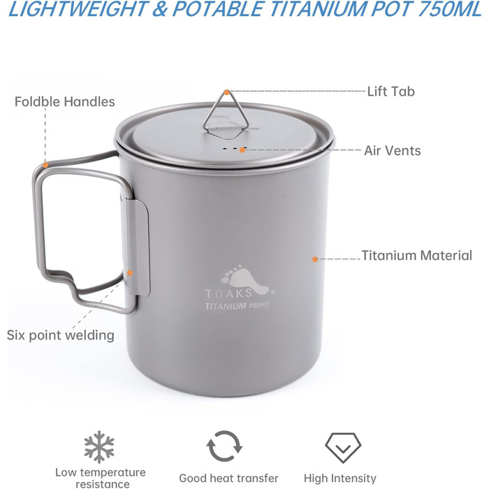 Титановий посуд для кемпінгу TOAKS (375 мл, 450 мл, 550 мл, 650 мл, 700 мл, 750 мл, 900 мл), титановий посуд для пікніка, походів та відпочинку на природі 750 мл POT-750