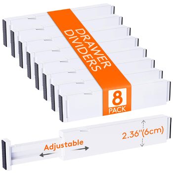 Набір із 8 регульованих роздільників для шухляд Lifewit, органайзери-роздільники для внутрішньої довжини 2840 см та висоти &gt6 см, для спальні, кухні, столових приборів, шаф, письмового столу, системи організації шухляд, білого кольору, 8 висоти 6 та дов