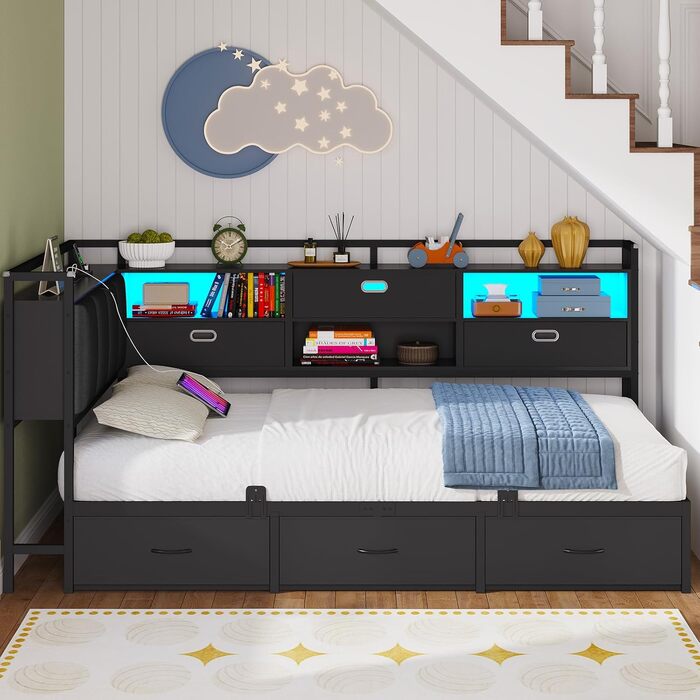 Диван-ліжко зі світлодіодним освітленням та зарядною станцією (2 розетки змінного струму 2 USB-порти), дитяче ліжко 90x200 см з 6 шухлядами, кушетка 90x200 см, м&39яка спинка з прихованим місцем для зберігання речей