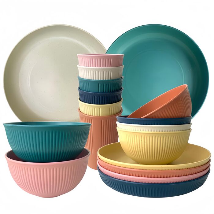 Набір посуду для кемпінгу на 6 осіб, 18 предметів, міцний пластиковий набір для пікніка, вечірок та дому, легкий, придатний для мікрохвильової печі та посудомийної машини, дитячий посуд для кемпінгу, 1 колір