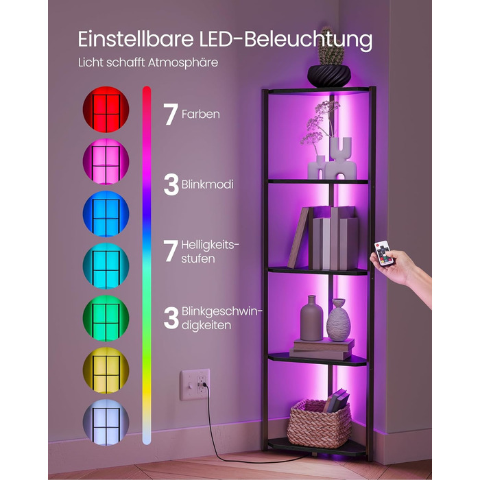 Кутова полиця VASAGLE з 5 полицями, книжкова полиця з регульованим світлодіодним освітленням, сталевий каркас, 24,8 x 48 x 146,6 см, для вітальні, спальні, кабінету, чорний колір Ebony LBC590B02