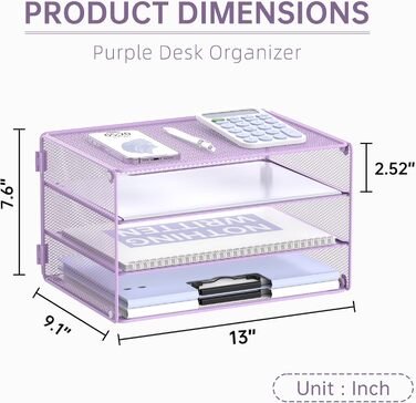 Лоток для листів DALTACK з 3 ярусами, органайзер для паперу, сітчастий металевий, настільний органайзер для дому та офісу, світло-фіолетовий світло-фіолетовий