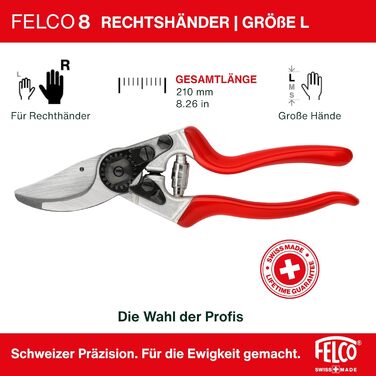 Садові ножиці FELCO 8 Bypass для правшів, ергономічний дизайн для великих рук, сталеве лезо 52 мм, діаметр різання 25 мм, амортизатор, ковані алюмінієві ручки, похила ріжуча головка, швейцарське виробництво FELCO 8 Large Hands (L)