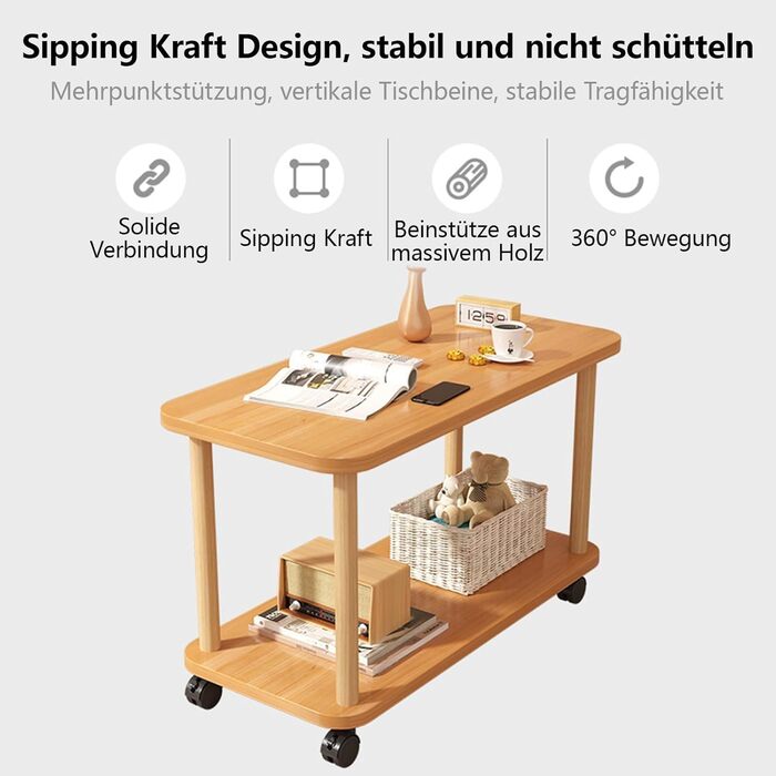 Дерев&39яний журнальний столик на колесах 2-рівневий маленький журнальний столик, 603050 см, обертовий на 360 градусів буфет з ніжками з масиву дерева, легко збирається, 2-рівнева відкрита полиця, маленький журнальний столик / столик для дивана