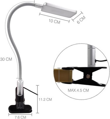 Світлодіодний затискач з можливістю затемнення Сріблястий, 5 Вт 450 Лм Світлодіодний затискач Лампа для читання Настільний приліжковий світильник із затискачем і сенсорним вимикачем для ліжка Спальня, денне світло 5000K, 3 шт. яскравість з можливістю регу