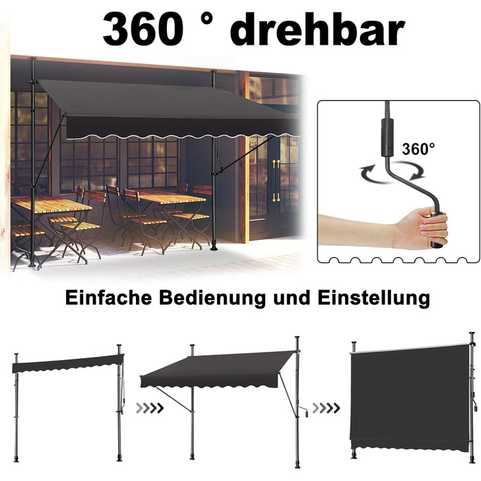 Тент, тент із затискачем, балконний сонцезахисний тент, висувний, регульований вручну за допомогою ручної ручки, стійкий до ультрафіолету, сонцезахист, 100 поліестер, для внутрішніх дворів, балконів, ресторанів, кафе, темно-сірий, 300 x 120 см