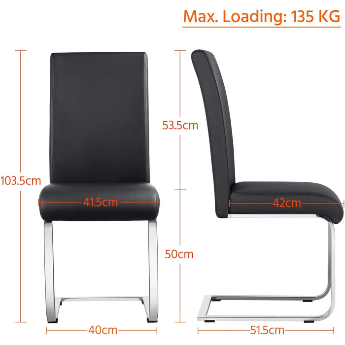 Обідні стільці Yaheetech, комплект з 2 шт. , консольні обідні стільці, вантажопідйомність 135 кг, чорна штучна шкіра, комплект з 2 шт.