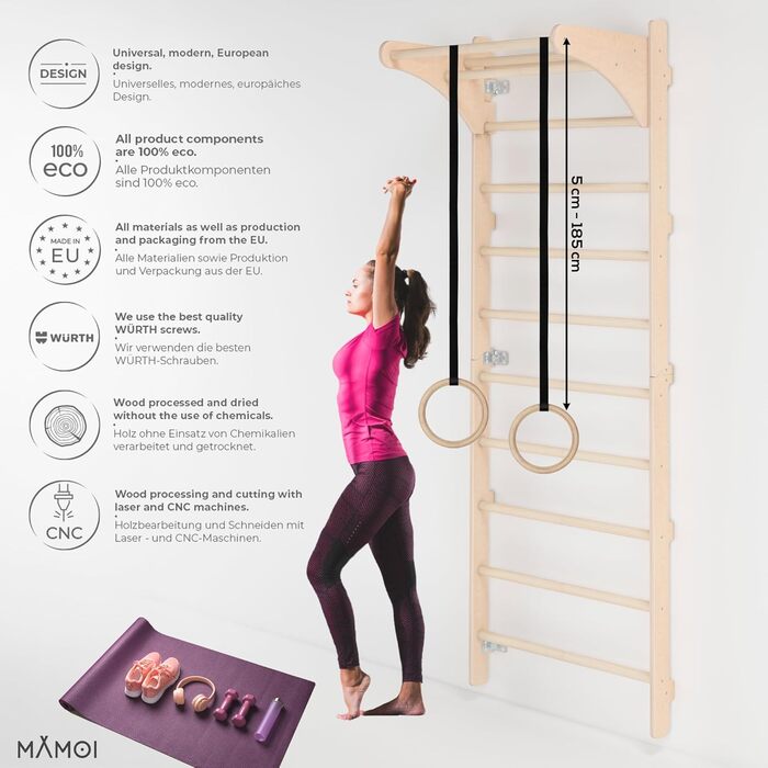 Скелелазний майданчик з турніком для дорослих (230 см), дерев&39яний скелелазний майданчик, багатофункціональне фітнес-обладнання, драбина для лазіння для дорослих та дітей, 100 екологічно чистий, виготовлено в ЄС з кільцями для гімнастики
