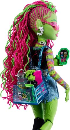 Лялька Monster High Venus McFlytrap з рослинним монстром-кітом Чуліаном та аксесуарами, такими як рюкзак, блокнот, снеки тощо, HRP81 Lime Green
