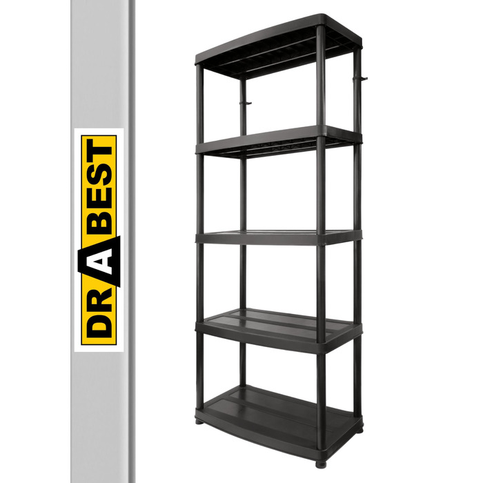 Пластиковий стелаж - з 5 полицями - висота 180 см, ширина 74 см - виготовлений з міцного пластику - для підвалу, гаража, комори, саду - до 50 кг/полиця - вставний стелаж - Чорний 180x74x40 см