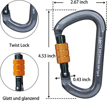 Карабін SOB для альпіністського спорядження, алюмінієвий карабін для гамаків, гойдалок, кемпінгу, риболовлі, спорядження для активного відпочинку 28KN 2PACK 28KN-4PACK