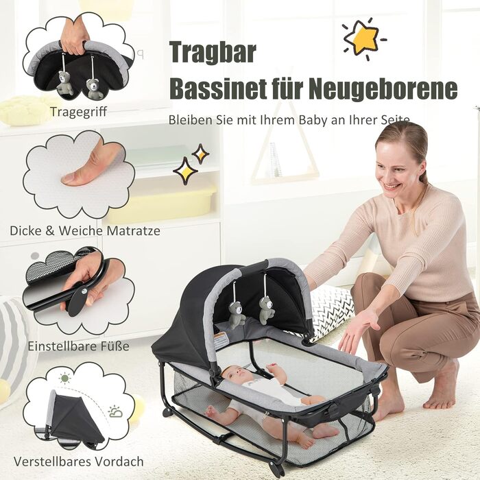 Дорожнє ліжечко для немовлят з матрацом, ліжечко Side-by-Side з колискою та пеленальний килимок, комплект дитячого ліжка для новонароджених та немовлят до 36 місяців, 110 x 78 см