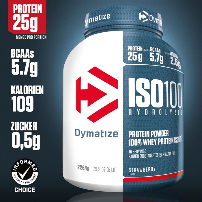 Протеїн гідролізат сироваткового ізоляту Dymatize ISO100, Полуниця, 2264 г (75 порцій), порошок