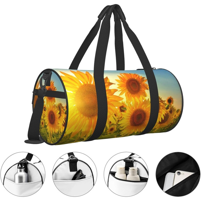 Спортивна сумка для подорожей, чорна, з принтом соняшникового поля, універсальний розмір