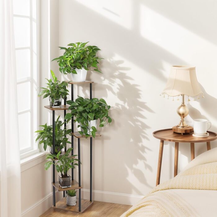 Рівнева підставка для рослин, підставка для квітів, металевий та дерев&39яний квітковий табурет, квіткові драбини, полиця для квітів, підставка для квіткових горщиків, підставка для рослин для балкону, саду, вітальні, чорна (чорна, 6 рівнів) чорна 6 рівні