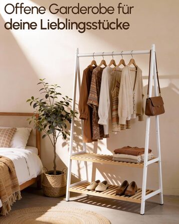 Вішалка для одягу з 2 полицями з білого бамбука, шафа-тумба з міцною рейкою для одягу, шафа з полицею для взуття, для передпокою, спальні, 160 x 80 x 44 см (білий)