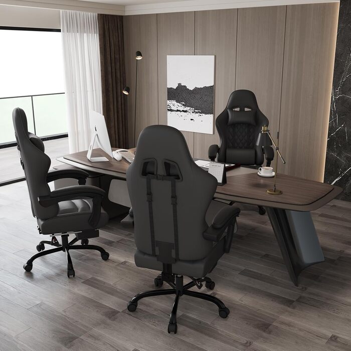 Ігрове крісло JUMMICO, Робоче крісло з функцією масажу, Ергономічне офісне крісло з підставкою для ніг, 150 кг, Чорне