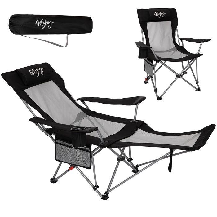 В-1 кемпінгове крісло 180 кг з підставкою для ніг, пляжне крісло з 4-позиційною регульованою спинкою, складне крісло-реклайнер з підсклянником, кемпінгове крісло для використання на свіжому повітрі, , чорний колір, 2-
