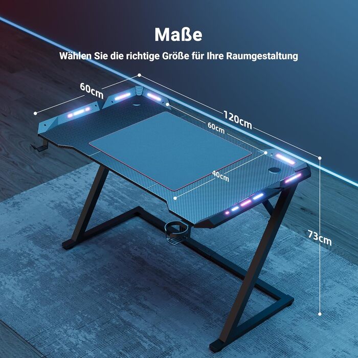 Ігровий стіл Claiks зі світлодіодним освітленням, 120 x 60 см, ігровий стіл Z-подібної форми, ергономічний ігровий ПК-стіл з підсклянником, гачок для навушників, міцний комп&39ютерний стіл, чорний