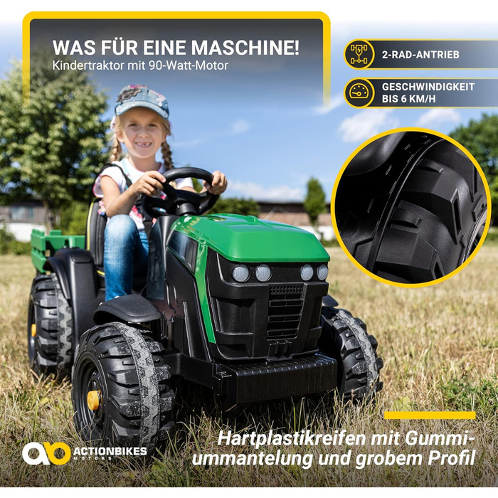 Електричний дитячий трактор з причепом 2 x 12 В 45 Вт двигун - акумулятор 12 В 7 Ач - пульт дистанційного керування 2,4 ГГц - дитя
