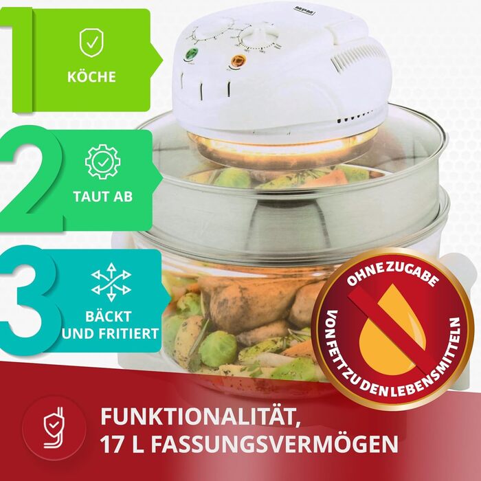 Багатофункціональна духова шафа-гриль MPM MKO-01 з галогенною конвекцією, 220 C, таймер на 60 хвилин, розширювальне кільце ємністю 16,5 літрів, 1400 Вт, скло 17л