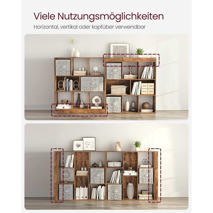 Книжкова полиця VASAGLE, полиця, кубічна полиця, окремостояча полиця, 8 відкритих відділень, можна використовувати горизонтально, вертикально або догори дном, 30 x 97,5 x 100 см, для вітальні, кабінету, офісу, вінтажний коричневий LBC52BX 8 кубічних вінта