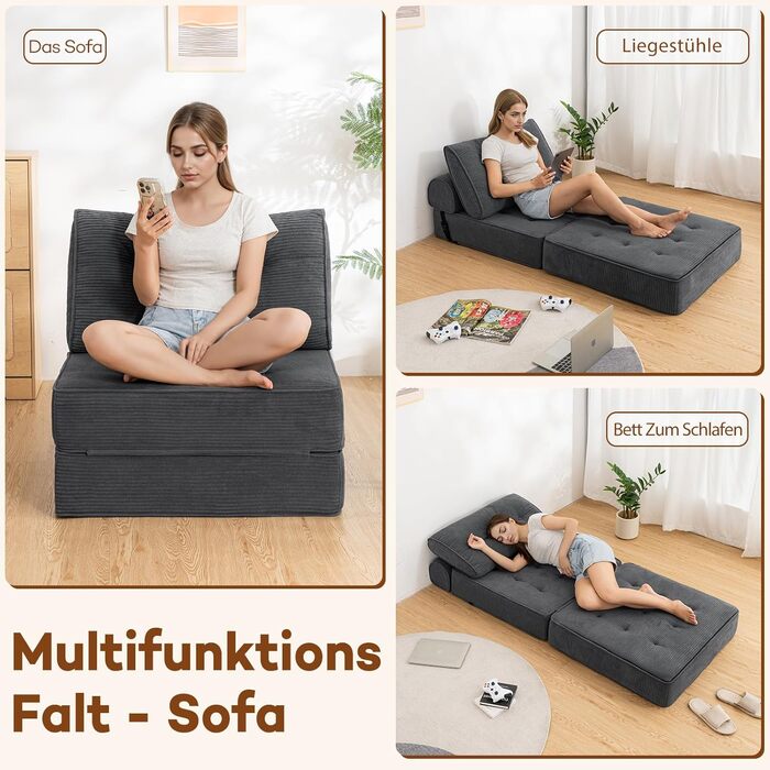 Розкладний диван-ліжко, що трансформується 3-в-1, диван-ліжко, крісло-ліжко з подушками, крісло-мішок, зручний диван-ліжко, підлоговий диван-гойдалка для спальні, вітальні, сірого кольору, 80 см, 80 x 80 см, сірий