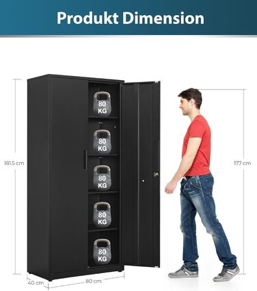 Шафа для документів, багатоцільова шафа, сталева шафа для зберігання, шафа для майстерні, 180 x 80 x 40 см, чорна 181,5 В см чорна