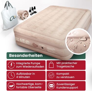 Надувний матрац для 2 осіб - Самонадувальний надувний матрац Преміальне гостьове ліжко без шнура живлення - вбудований насос USB-C - Надувне ліжко - Виберіть свій розмір зараз Бежевий двоспальний