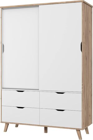 Шафа 140, Розсувні двері, Скандинавський стиль, 2-дверна з 4 шухлядами, Спальня або дитяча кімната, Декор дерева Дуб з білим, 139 см завширшки x 201,5 см заввишки x 53 см завглибшки, Біла 2-дверна шафа