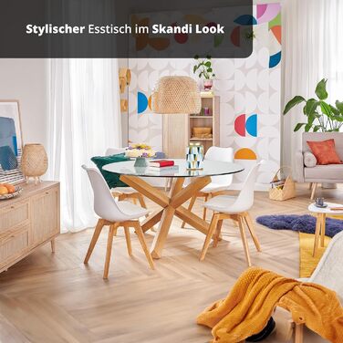 Круглий обідній стіл KHG, діаметр 130 см, скло - каркас з масиву дуба, скляна стільниця (вантажопідйомність до 90 кг) - кухонний стіл у скандинавському стилі, круглий, 130 см, скло