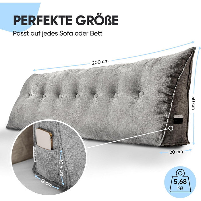 Подушка для спини Bjrn&Schiller - Подушка для читання для ліжка та дивана, клиноподібна подушка, настінна спинка, подушка для сидіння, настінна подушка, велика з чохлом, який можна прати (сіра, 200 см) сіра 200 см