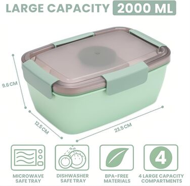 Ланчбокс Bugucat для дорослих 2000 мл, герметичний контейнер для обіду з роздільниками, бento-бокс для дітей, контейнер для салату з виделкою, для школи, офісу, темно-зелений 2000 мл