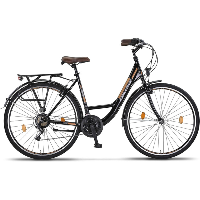 Велосипед Chillaxx Bike Strada Premium City Bike розміром 24, 26, 28 дюймів - Велосипед для дівчаток, хлопчиків, чоловіків та жінок - 21 швидкість - Міський велосипед у голландському стилі, чорно-коричневий, V-подібні гальма, 28 дюймів