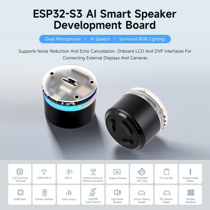 Плата розробки Waveshare ESP32-S3 зі штучним інтелектом, два мікрофони, шумозаглушення, RGB-підсвічування, підтримка зовнішнього дисплея та камери