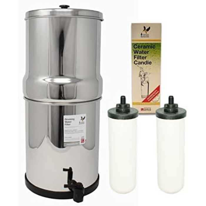 Британська система гравітаційних фільтрів для води Berkefeld 6-літрова система фільтрів із нержавіючої сталі з 2 сертифікованими Doulton NSF керамічними ультрафторними картриджами Дорожня система питної води для типових забруднень