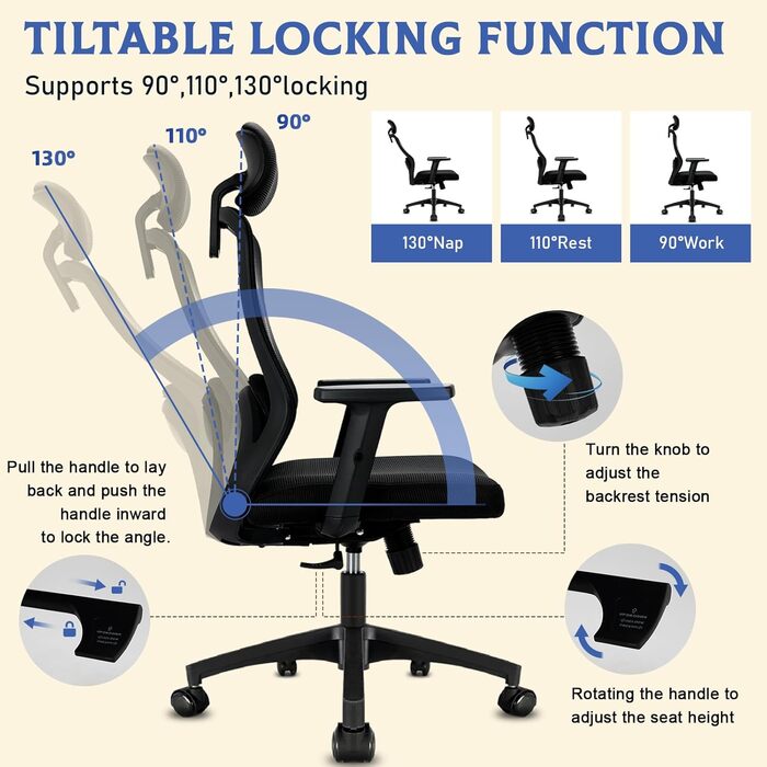 Офісне крісло, ергономічне офісне крісло, зручне робоче крісло, регульоване по висоті, крісло з повітропроникної сітки, обертове крісло з діапазоном повороту 90, 110 та 130, з можливістю блокування, вантажопідйомність до 150 кг, крісло з сітки