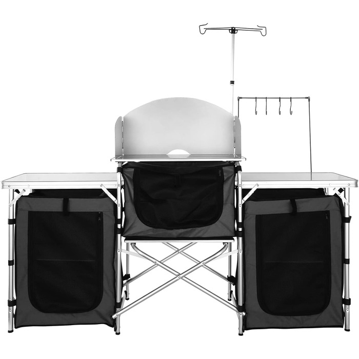 Кухонний стіл VEVOR для кемпінгу, складаний стіл для приготування їжі на відкритому повітрі з сумкою для зберігання, алюмінієва кухонна станція з 3 шафами та знімним вітровим склоочисом, швидке налаштування для пікніків тощо. Чорний, 3 шафи