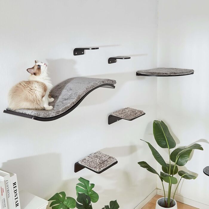 Комплект із 2 настінних сходинок для котів - Дерев&39яна полиця для лазіння для котів на стіну - Настінні сходинки для котів з килимком для когтеточок - Настінні котячі меблі для стрибків, гри та відпочинку, Сходинки з горіха - Горіх