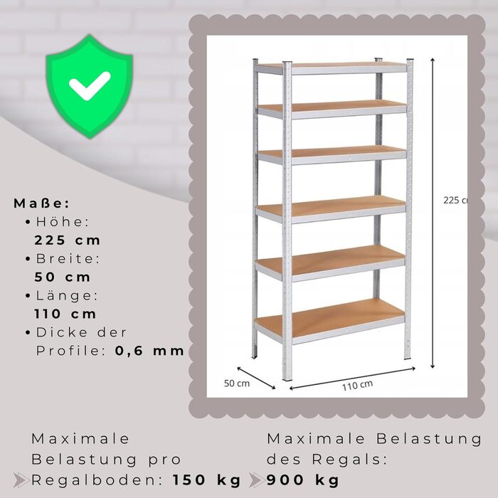 Металевий стелаж SPRINGOS, гаражний стелаж, підвальний стелаж, 110 x 225 x 50 см, 6 полиць, 50 x 110 x 225 см, сріблястий